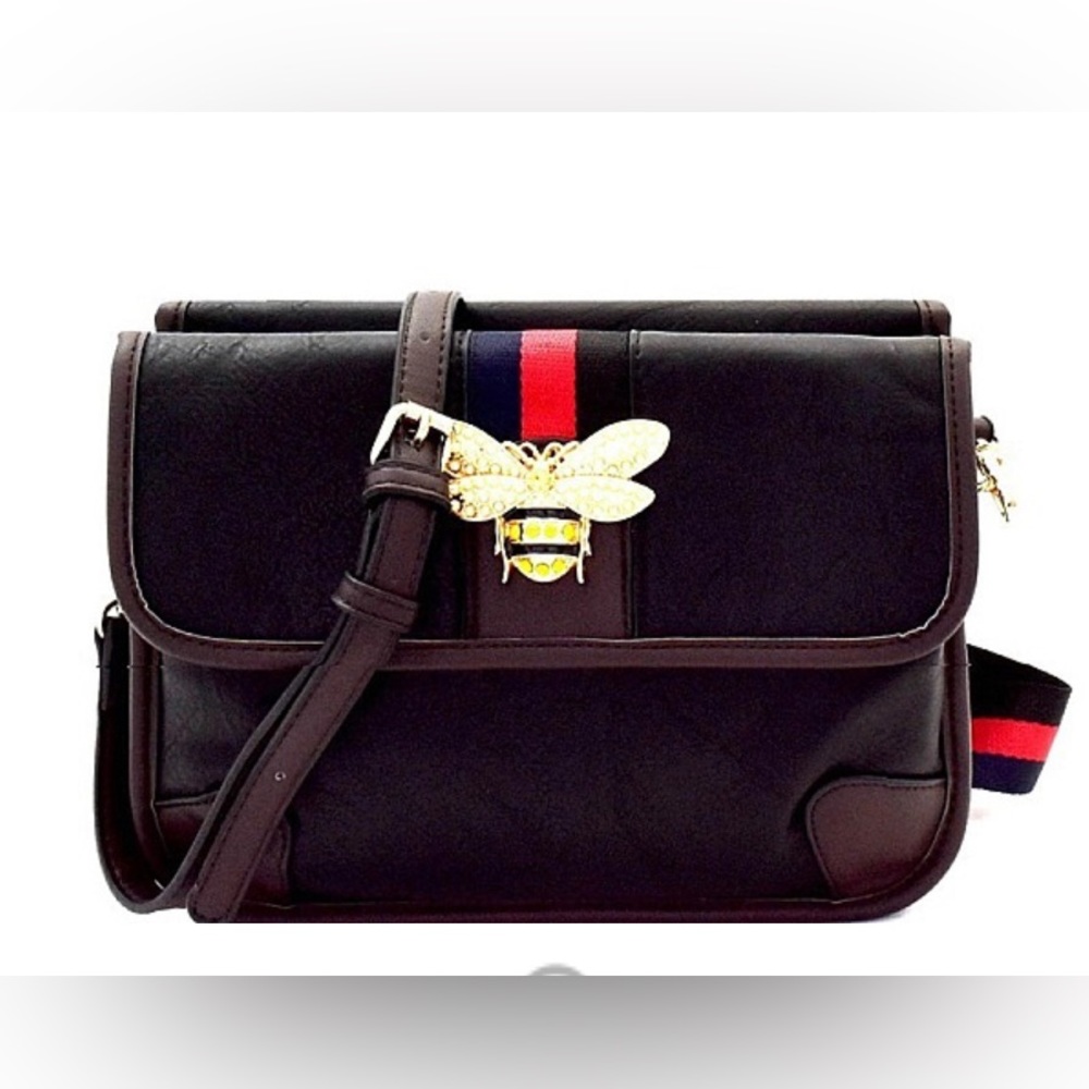 Bee Charm Color Block Striped Compartment Shoulder Bag